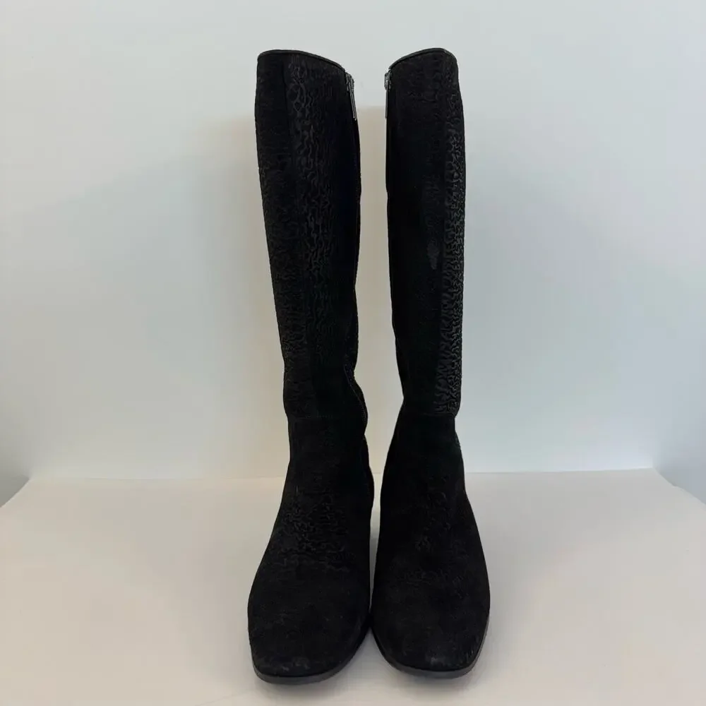 Aquatalia Weatherproof Tall Boots Black Suede Animal Print Block Heel Size 8.5